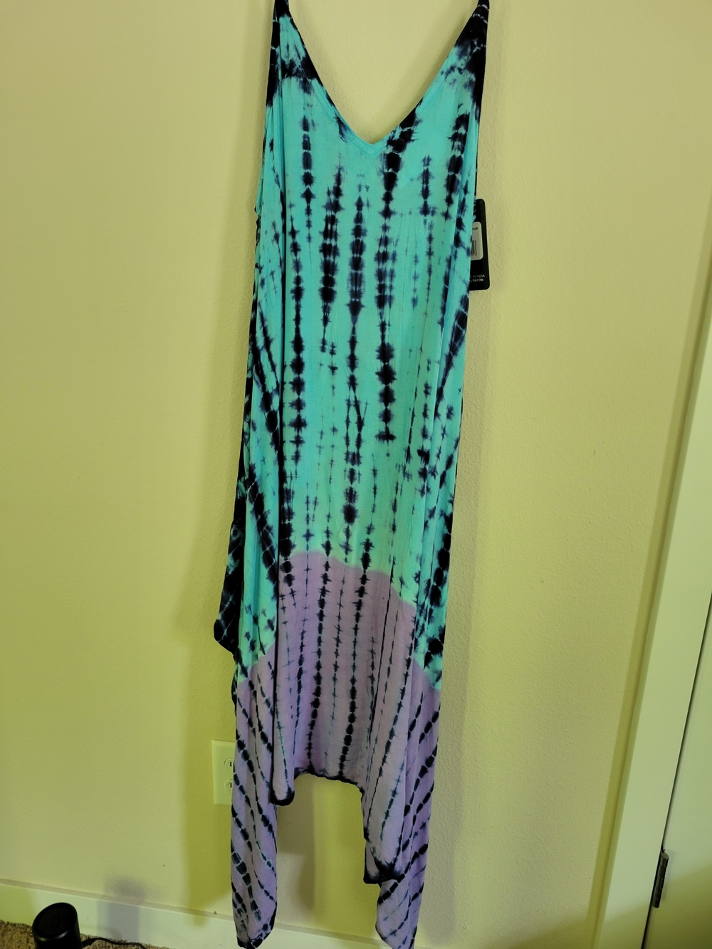 Sleeveless Tie-Dye V-Neck Handkerchief Midi Dress in Aqua and Lavender